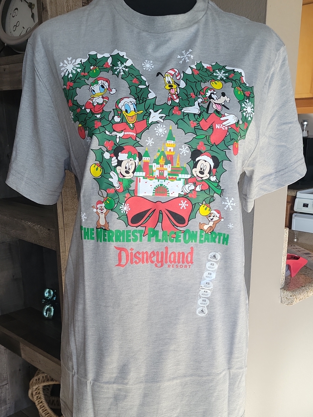 Disney Gray Agult Holiday Mickey Wreath Tee with Castle Graphic